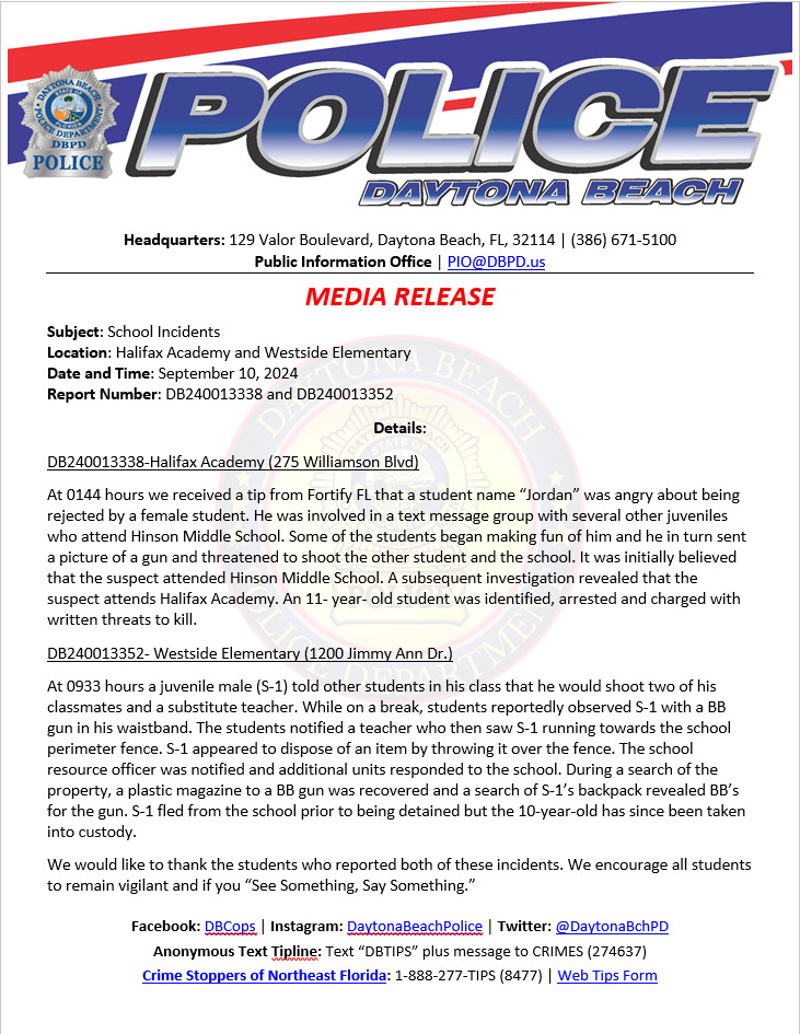 Today we responded to two schools in reference to threats of violence. Two students are in custody. We take threats of violence towards our schools seriously. These types of threats will be thoroughly investigated and appropriate legal action will be pursued.