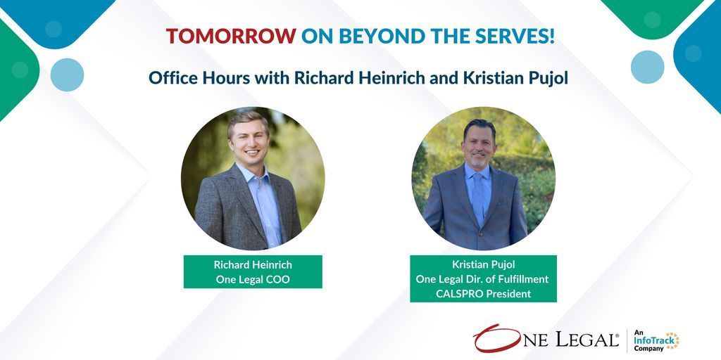 Join us for the next Beyond the Serves office hour session. Richard Heinrich, COO of One Legal, and Kristian Pujol, Director of Fulfillment and President of CALSPRO, will answer your questions, and share their firsthand knowledge. 

Link:buff.ly/3ASXKWo
