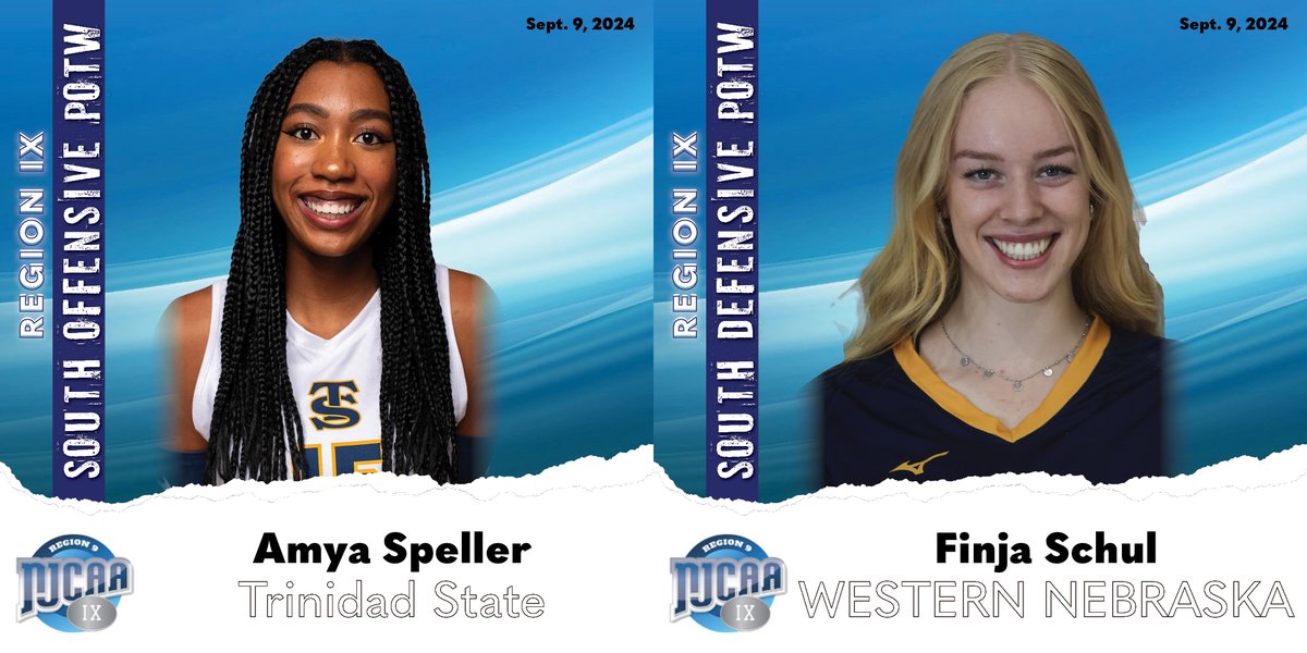 Region 9 Volleyball announced the "Players-of-the-Week" for D1 - South – Congratulations to Amya Speller from Trinidad State College and Finja Schul from Western Nebraska Community College
<a href="/TSCATHLETICS/">TSC Athletics</a> 
<a href="/WNCCCougars/">WNCC Cougars</a> 
- read more at region9athletics.com/general/2024-2…