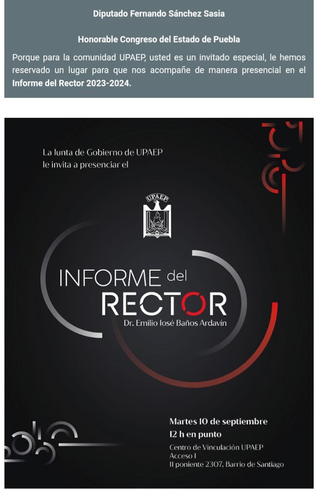 Felicito al <a href="/RectorUPAEP/">Emilio J. Baños</a> Dr. Emilio José  Baños Ardavin por su informe de actividades 2023-2024.
Con misión y visión humanista, congruente con su origen, <a href="/UPAEP/">UPAEP</a> crece y se fortalece.
#Puebla #Tehuacán