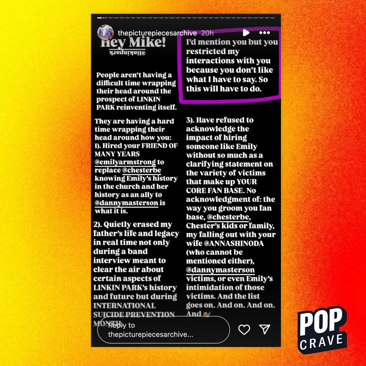 Chester Bennington’s son slams Linkin Park for replacing his late father with new singer Emily Armstrong.

Bennington’s Instagram story highlights Armstrong’s ties with the Church of Scientology as well as her past support of Danny Masterson.