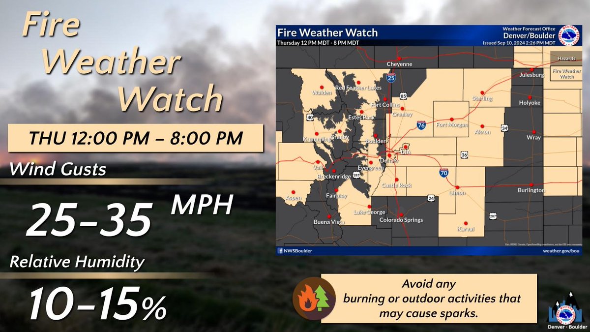 With the combination of strong southerly winds and low relative humidity values, a Fire Weather Watch is in effect for the highlighted areas starting 12 PM Thursday afternoon to 8 PM Thursday evening. Avoid any activities that may cause sparks.