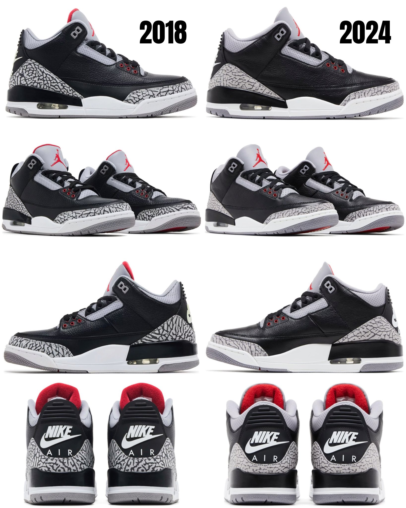 zSneakerHeadz on X 2018 vs 2024 Black Cement Air Jordan 3 comparison https t 6PTKurYdnD X