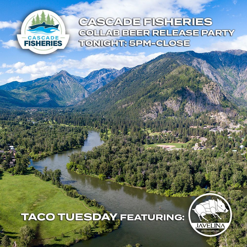 Join us tonight for a new beer release party to benefit Cascade Fisheries! We're tapping River Rival Hazy IPA, a delicious taproom-exclusive beer brewed with a selection of Salmon Safe ingredients. La Javelina will be on site offering amazing tacos, there'll be live music &amp; more!