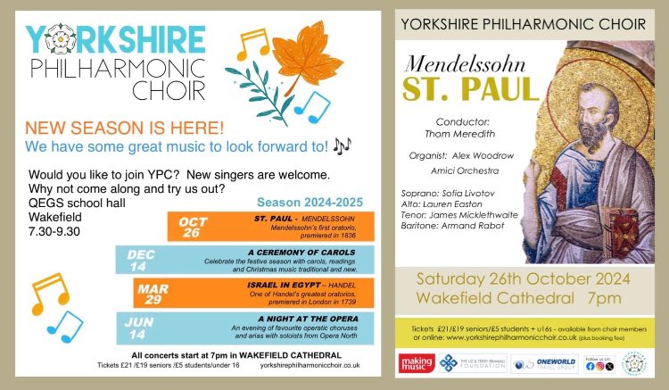 Rehearsals got off to a great start last week for Mendelssohn’s oratorio ‘St Paul’ the first of our two big works this season. 
New singers are welcome.😊 Just drop in on Tuesday and try us out! 🎶