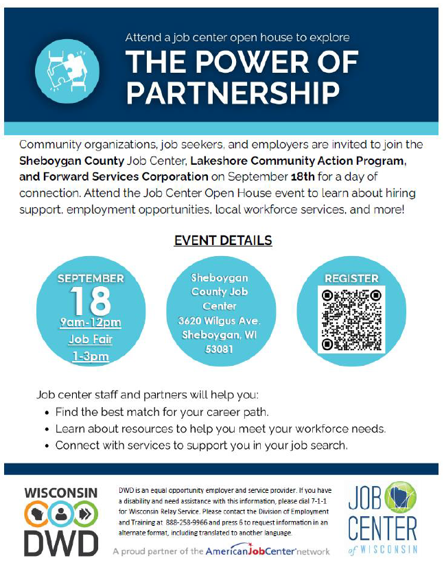 ShebJobCenter's tweet image. ** ATTENTION **
Community Organizations, Job Seekers, and Employers

You are invited to the Sheboygan County Job Center on Wednesday, September 18  for a day of connection!
