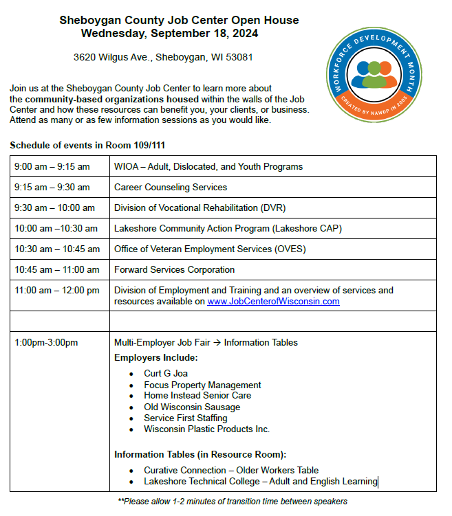 ShebJobCenter's tweet image. ** ATTENTION **
Community Organizations, Job Seekers, and Employers

You are invited to the Sheboygan County Job Center on Wednesday, September 18  for a day of connection!
