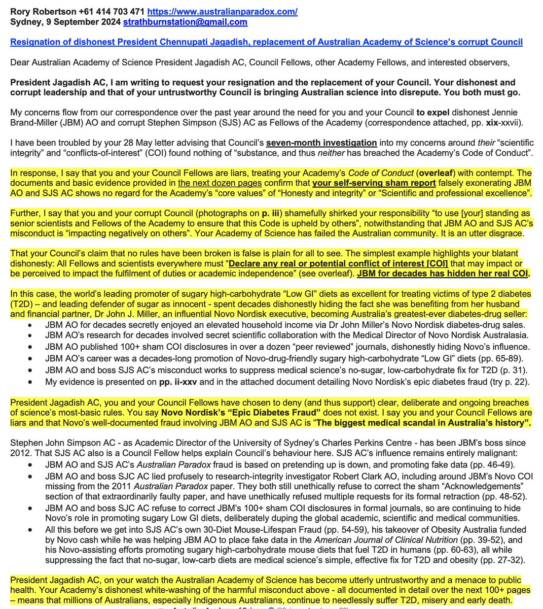 Hi CEO <a href="/ayyemm/">Anna-Maria Arabia (she/her)</a>,
I have called for resignation of your dishonest President <a href="/NanoJagadish/">Chennupati Jagadish</a>, replacement of your <a href="/Science_Academy/">Australian Academy of Science</a>'s corrupt Council:

australianparadox.com/pdf/130_Resign…

Our national scientific leaders are knowingly support harmful research misconduct
Your response?