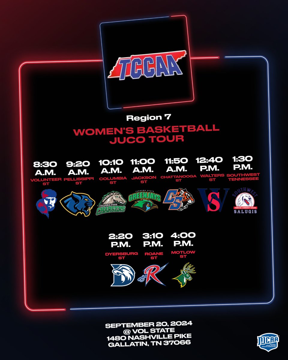 4 year COACHES❗️❗️

TENNESSEE JUCO WOMEN’S BASKETBALL TOUR❗️

WALTERS STATE 1240PM

COME CHECK THE TCCAA OUT!