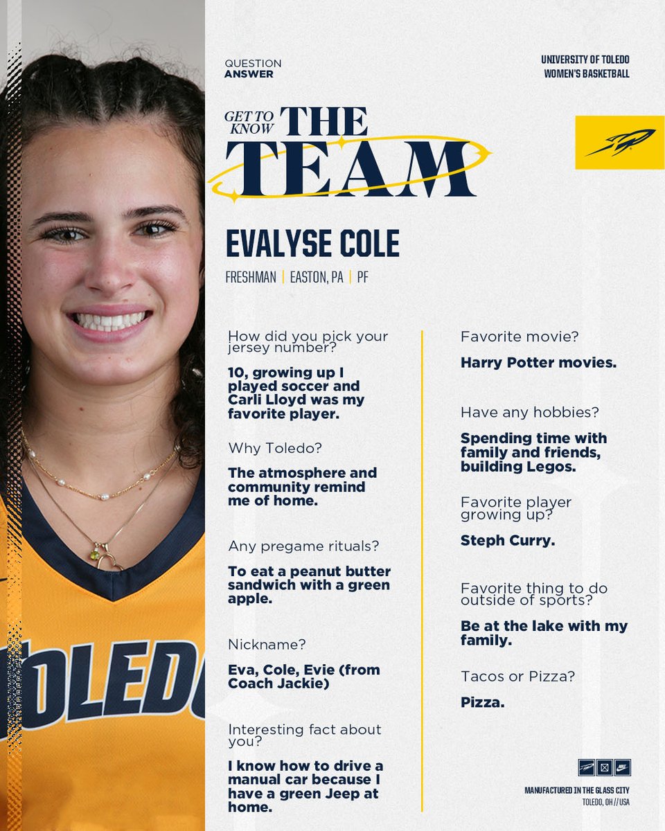 Toledo Women's Basketball (@toledowbb) on Twitter photo 🔵 Wears #10 for her favorite <a href="/USWNT/">U.S. Women's National Soccer Team</a> player
🟡 Can drive a manual car
🔵 Loves the Harry Potter movies
Get to know freshman Evalyse Cole!
#TeamToledo 🔵 Wears #10 for her favorite <a href="/USWNT/">U.S. Women's National Soccer Team</a> player
🟡 Can drive a manual car
🔵 Loves the Harry Potter movies
Get to know freshman Evalyse Cole!
#TeamToledo