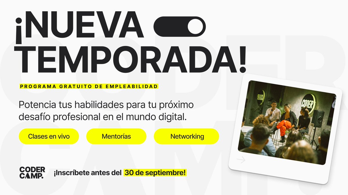SinJrNoHaySr's tweet image. ¡Te invitamos a la temporada 2 de #CoderCamp! 
Desde Coderhouse crearon un programa abierto y gratuito, 100% online y en VIVO, diseñado para darte todas las herramientas que necesitás para conseguir tu próximo trabajo.