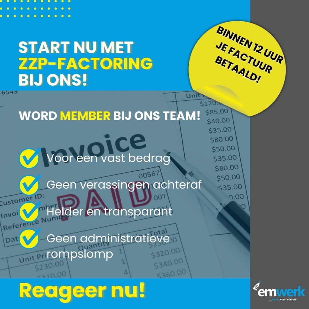 📢 𝐙𝐳𝐩'𝐞𝐫𝐬 𝐟𝐚𝐜𝐭𝐨𝐫𝐢𝐧𝐠 𝐛𝐢𝐣 𝗨𝗶𝘁𝘇𝗲𝗻𝗱𝗯𝘂𝗿𝗲𝗮𝘂 𝗘𝗺𝘄𝗲𝗿𝗸 💼

💪 𝐓𝐞𝐯𝐫𝐞𝐝𝐞𝐧 𝐤𝐥𝐚𝐧𝐭𝐞𝐧: Lees reviews g.page/r/CYstStx-TsZ9… 

Aanmelden via emwerk.nl/zzp-factoring-… 

#zzpfactoring #factoring #zzp #snelleuitbetaling #financiëlevrijheid