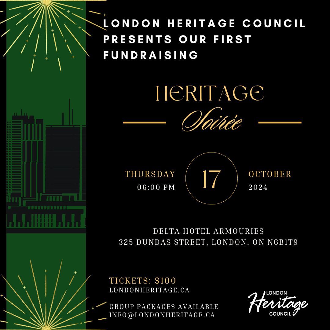 Join the London Heritage Council on October 17, 2024, for our inaugural fundraiser. Celebrate our heritage and support our mission to enhance community impact. Your participation helps preserve our shared stories.
Learn more: londonheritage.ca/tickets