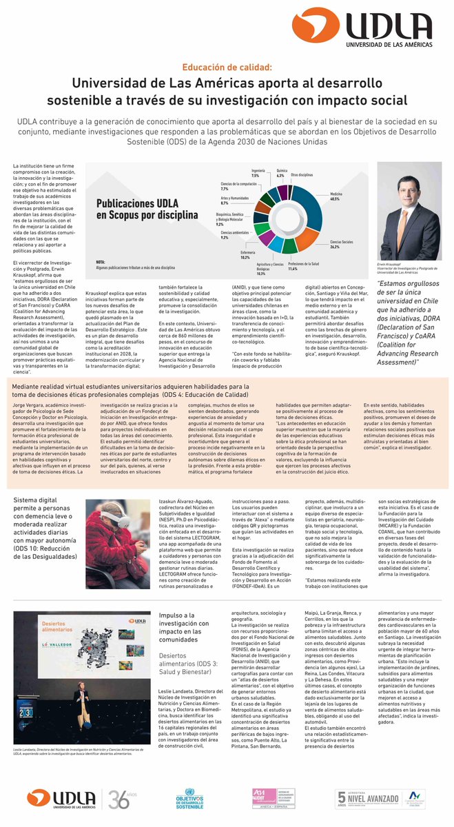 🔬#Investigación con impacto social: Compartimos publicación de este fin de semana en El Mercurio, que destaca que Universidad de Las Américas contribuye al desarrollo y bienestar del país, mediante investigaciones que responden a las problemáticas que se abordan los #ODS de ONU.