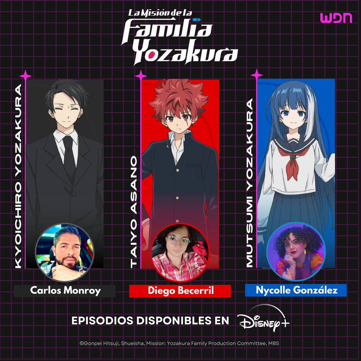 wdn_es's tweet photo. Prepárense para una nueva misión, proteger a la heredera de la familia es nuestra única opción 🔫
¡El doblaje de los episodios 2-4 de "La misión de la Familia Yozakura" ya llegó a Disney+! 💚
💍 @The__Saiyan como Taiyo
💍 @nycolleyshon como Mutsumi
💍 @AlessiaBecerril como Futaba
💍 Pablo Mejia como Kengo
💍 @AmandaHino_voz como Shion
💍 Fernando Moctezuma como Shinzō
💍 @monroyloc como Kyōichiro 
💍 @cesirena_ como Nanao