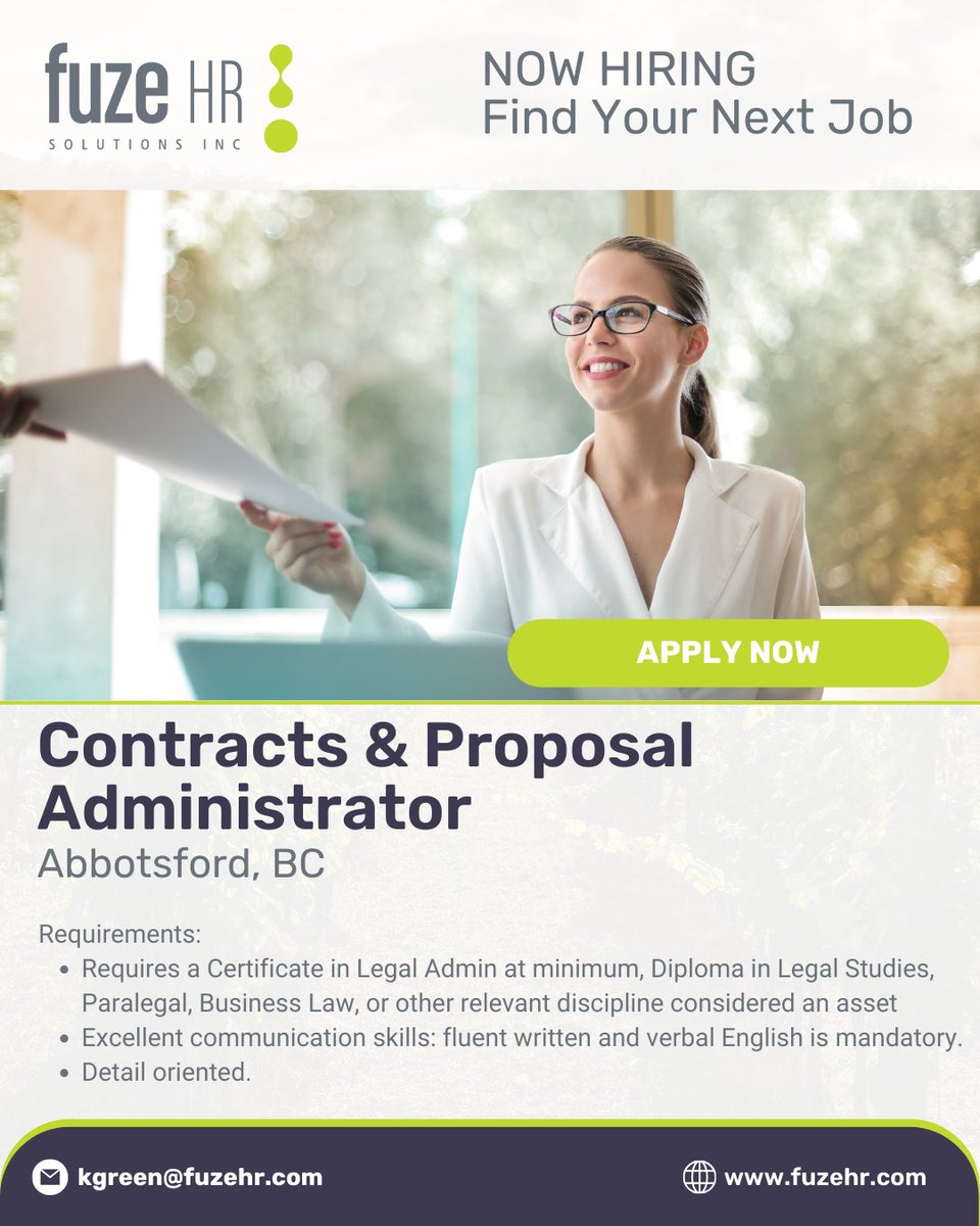 FuzeHR's tweet image. Are you ready to elevate your career in the aerospace industry? We are seeking a Contracts &amp;amp; Proposal Administrator in Vancouver, BC.

Visit ow.ly/VMc150TkBy5 

#ContractsAdmin #AerospaceJobs #LegalAdmin #VancouverJobs #HiringNow #FuzeHR #ProposalAdministrator