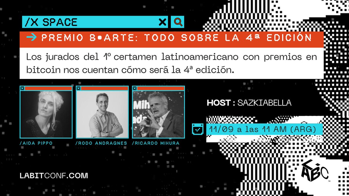 💥¡PRÓXIMO X SPACE!💥
Premio B•ARTE: ¡Todo sobre la 4ª edición!🏆🎨
Descubrí todo el recorrido de este certamen pionero y preparate para lo que se viene en esta nueva edición.

🎙️Invitados: <a href="/aidapippo/">Aida Pippo</a>, <a href="/RodolfoBits/">Rodolfo Andragnes</a> y <a href="/RikyMihura/">Riky Mihura</a> 

🎙️Host: <a href="/SazkiabellaOK/">Sazkiabella.eth</a> 

🗓️Miércoles 11/9 | 11
