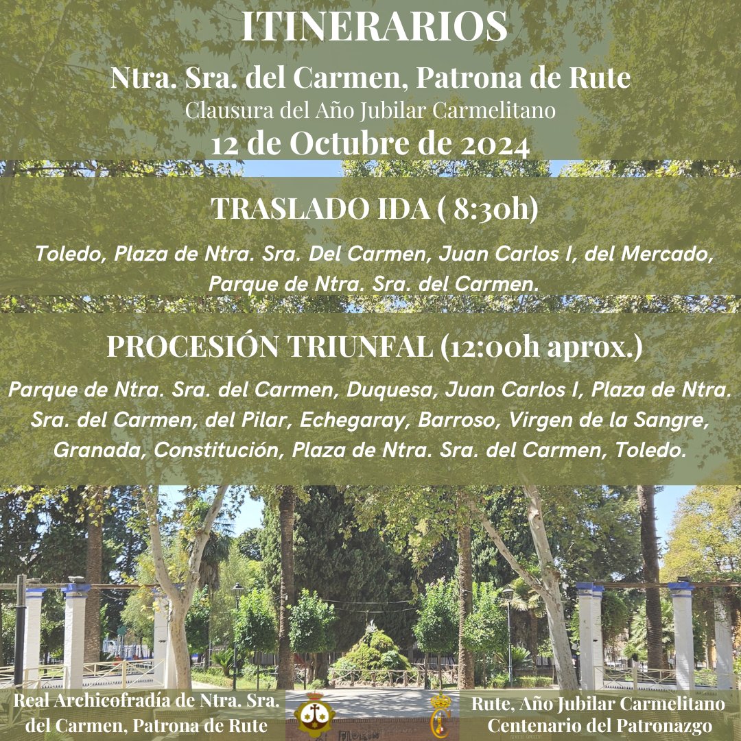 ITINERARIOS DE LA PATRONA DE RUTE EN SU SALIDA PROCESIONAL EXTRAORDINARIA DEL 12 DE OCTUBRE.
…endelcarmenpatronaderute.blogspot.com/2024/09/ya-se-…