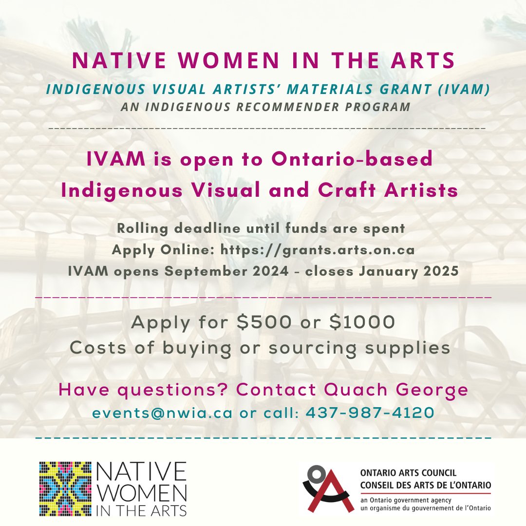 Native Women in the Arts (@infonwia) on Twitter photo The 2024-2025 <a href="/ONArtsCouncil/">Ontario Arts Council</a> Indigenous Visual Artists’ Materials program is now open and closes January 31, 2025, 1:00 p.m. ET.
<a href="/infoNWIA/">Native Women in the Arts</a> selected as recommenders for the grant.
Apply Today!
arts.on.ca/grants/indigen… The 2024-2025 <a href="/ONArtsCouncil/">Ontario Arts Council</a> Indigenous Visual Artists’ Materials program is now open and closes January 31, 2025, 1:00 p.m. ET.
<a href="/infoNWIA/">Native Women in the Arts</a> selected as recommenders for the grant.
Apply Today!
arts.on.ca/grants/indigen…
