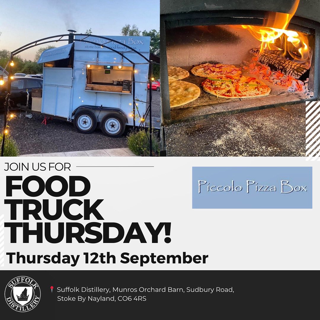 Don’t forget to join us Thursday evening for our last Food Truck Thursday of the summer💫

@piccolopizzabox will be at the distillery serving delicious wood-fired stone baked pizzas 🍕 

We can’t wait to see you there!✨ 

#pizzavan #suffolk #stokebynayland #suffolkevents