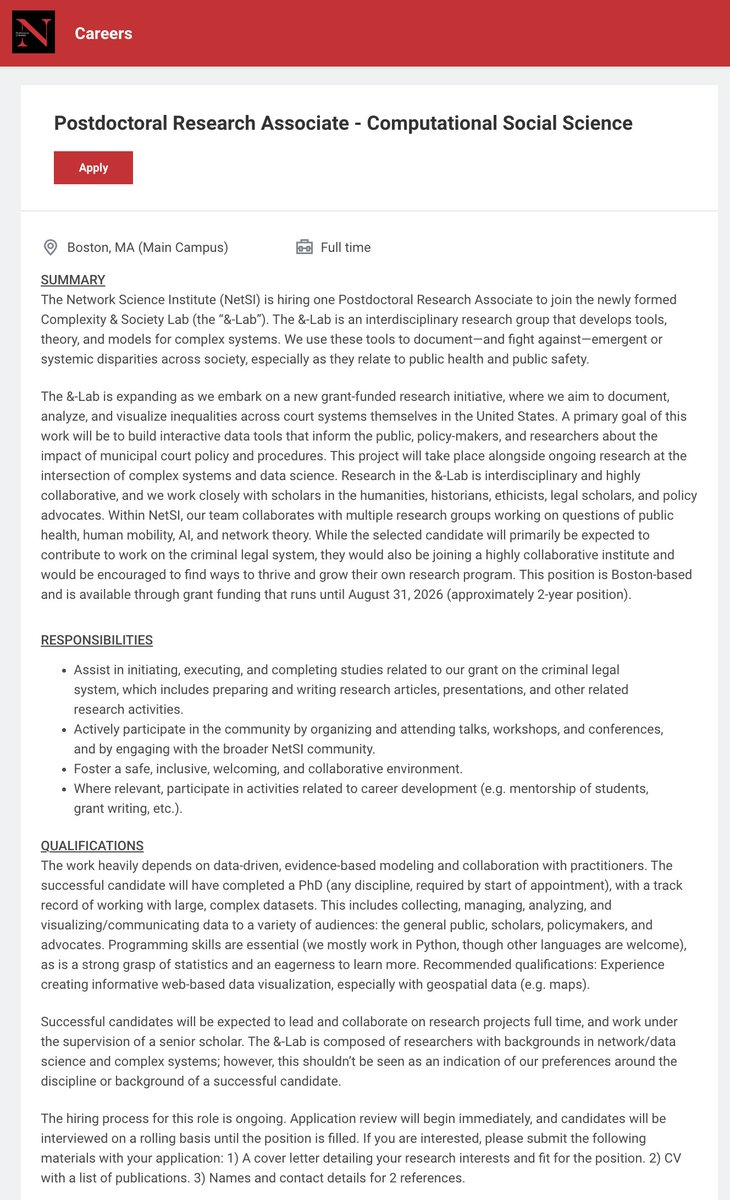 We're hiring a postdoc in the &amp;-Lab at <a href="/NUnetsi/">Network Science Institute</a>!

Looking for a curious, collaborative scholar to work on computational social science questions, at the intersection of data justice + network science. Applications ongoing, interviews ~late Sep/early Oct

northeastern.wd1.myworkdayjobs.com/careers/job/Bo…