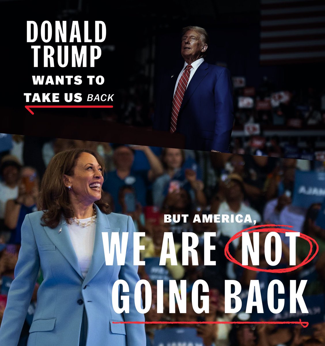 Donald Trump wants to take us back to a time when women had fewer rights. 
But we have a message for Trump and ALL his extreme MAGA allies: 
WE ARE NOT GOING BACK!
#KamalaUnitesUS