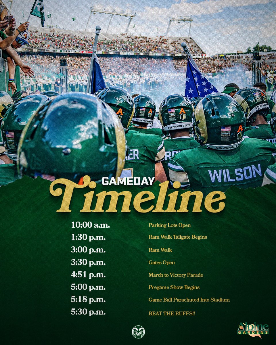 CSURams's tweet photo. It's going to be an amazing day on campus this Saturday! 🏟️

Parking lots open 3.5 hours early to get the party started! 🎉

Arrive early &amp; get to your seats when gates open to catch the pre-game show + Game Ball Parachuters! 🪂👀

#Stalwart x #CSURams https://t.co/ouQCI9zUMK
