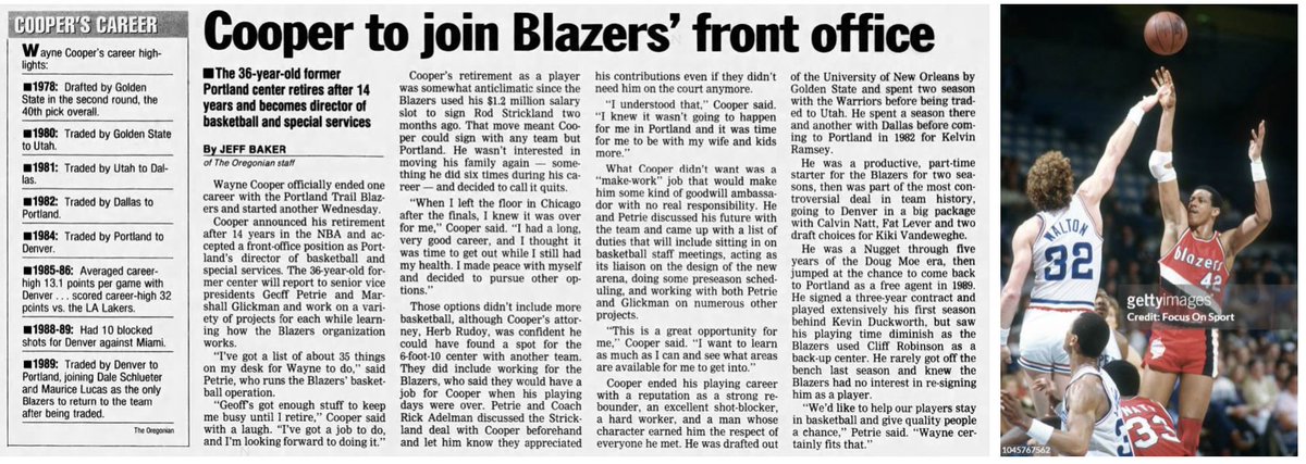 77Blazers's tweet photo. September 10 1992 - The @trailblazers announce that #WayneCooper is retiring after 14 years in the @NBA and will move to the #Blazers Front Office.
Cooper played 5 seasons with the Blazers in two different stints. From 1982 until a trade in 1984, Cooper averaged 9.7 points and 6.5 rebounds in 24 minutes of action. Cooper was a starter in 98 of the 161 games he played during that time.
Returning to #Portland in 1989, Cooper has been a solid backup to #KevinDuckworth and #CliffordRobinson. Cooper has averaged 2.8 points and 2.2 rebounds in that role.
Cooper is the third Blazers player to have a 2nd stint with the Blazers, joining #DaleSchlueter and #MauriceLucas. He is also the fifth Blazer to be on the cover of @SInow after #RickAdelman (once in 1973), #BillWalton (three times during 1976/77 season), #LarrySteele (1977 with Walton), and Lucas (in 1977)
Cooper passed away in 2022 from kidney disease.
#RipCity #ThisDateinBlazersHistory