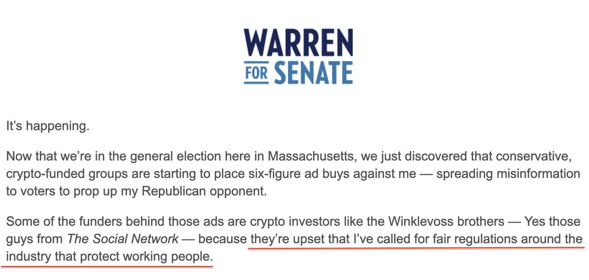 Elizabeth Warren's latest campaign email couldn't be more dishonest. She claims the crypto industry's upset because she "called for fair regulations," when she’s been waging an unlawful war against it and the 50m Americans who own crypto. Vote for <a href="/JohnEDeaton1/">John E Deaton</a> to end the madness