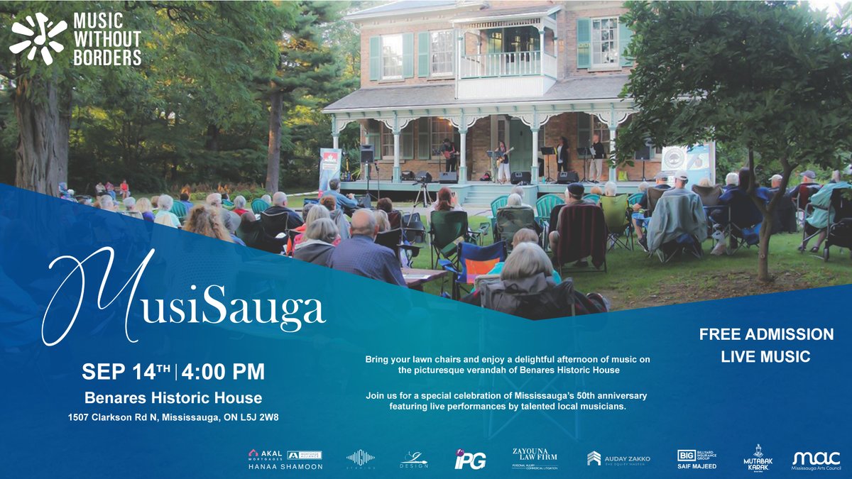 Music Without Borders- Musique Sans Frontières (@mwb_canada) on Twitter photo Join us this Saturday for an afternoon of live music on the verandah of the Benares Historic House in celebration of Mississauga’s 50th anniversary! Bring your lawn chairs and enjoy performances by local Mississauga musicians.
Funded by <a href="/MissArtsCouncil/">Mississauga Arts Council</a> 🎵 Join us this Saturday for an afternoon of live music on the verandah of the Benares Historic House in celebration of Mississauga’s 50th anniversary! Bring your lawn chairs and enjoy performances by local Mississauga musicians.
Funded by <a href="/MissArtsCouncil/">Mississauga Arts Council</a> 🎵