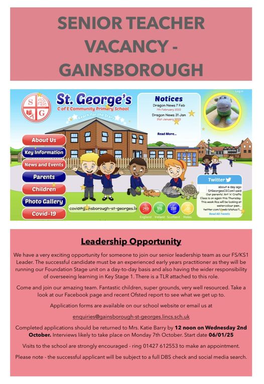 Senior Teacher Vacancy in #Gainsborough, please share