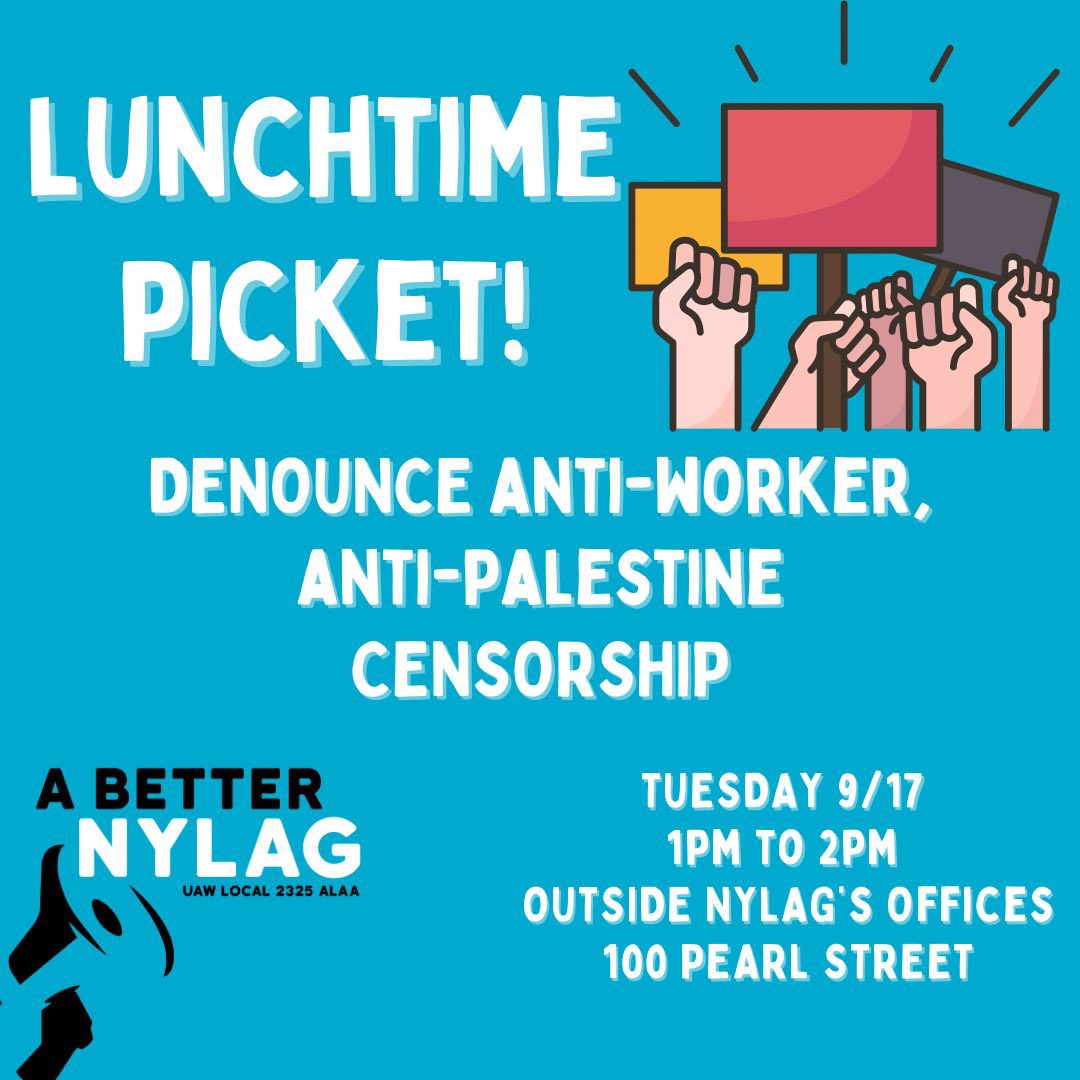 ABetterNYLAG's tweet image. Union members planned this escalation after months of resisting NYLAG Management’s unlawful anti-worker policy of censoring anti-genocide speech! Mgmt has refused to come to the table &amp;amp; listen to workers’ grievances against the policy, so workers are making their demands heard