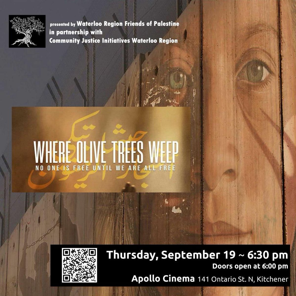 CJI is grateful to be invited into the work of Waterloo Region Friends of Palestine. Join us on September 19th for a screening of an astonishing and powerful new film from Palestine: Where Olive Trees Weep. 

Tickets:  zurl.co/evxY x.com/messages/compo…
