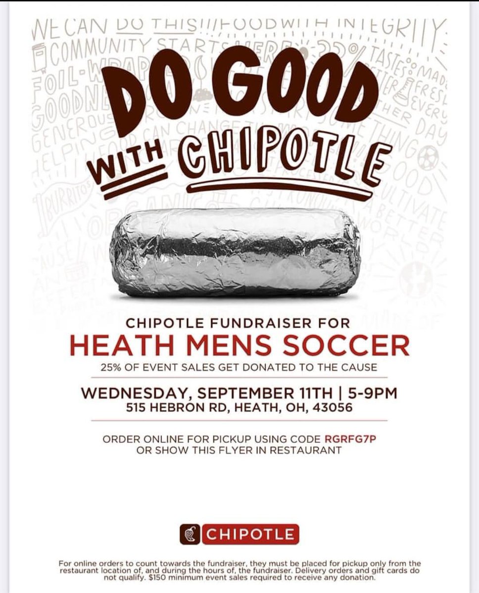 Need dinner plans tomorrow? Come support Heath Soccer! Show flyer in-store or use code when ordering online! Go Dogs!🐾🧡⚽️