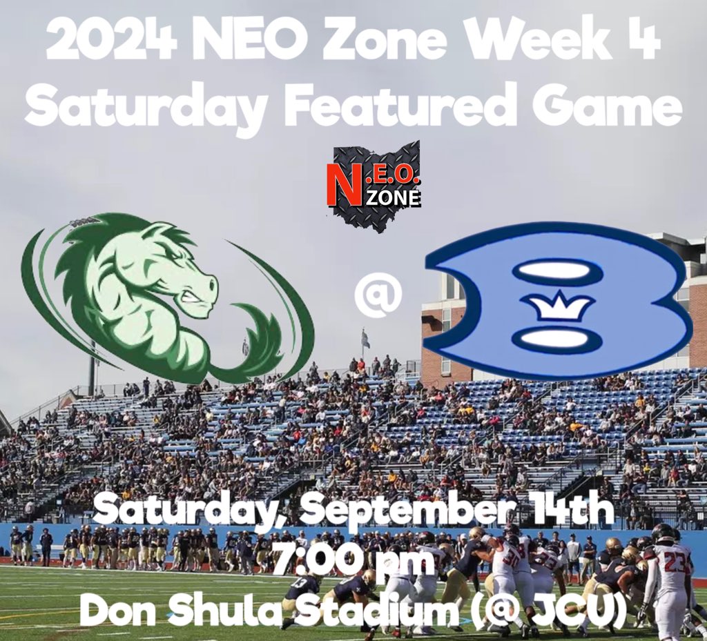 2024 NEO Zone Week 4
Saturday Featured Game 🌟 

Strongsville (1-2)
at
Benedictine (2-1)

Strongsville will look to continue its solid defensive start against a dangerous Benedictine squad.

We’ll have full coverage from John Carroll on Saturday!

#NEOFB 🏈