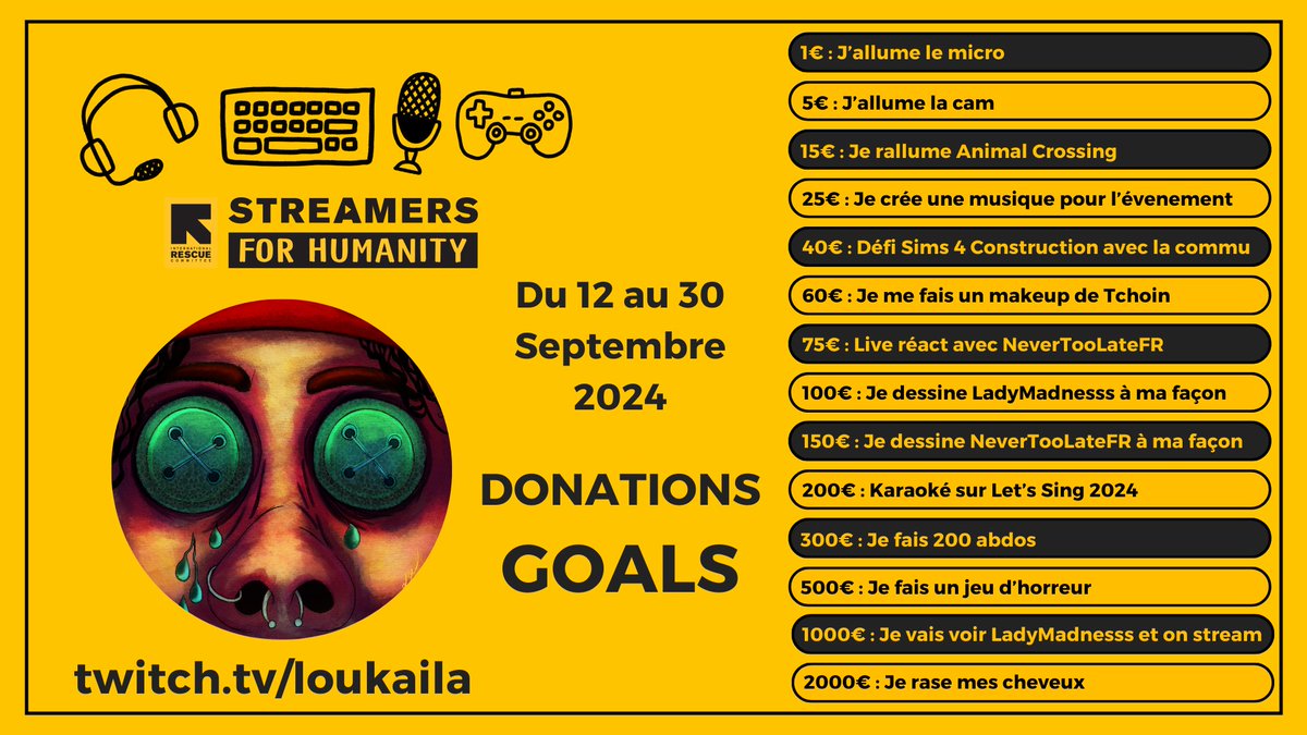 Du 12 au 30 Septembre (principalement du 12 au 15) je participe à l'évènement caritatif "Streamers for Humanity" pour l'<a href="/RESCUEorg/">IRC - International Rescue Committee</a>  qui fournit une assistance humanitaire, des aides médicales, des abris et de la nourriture aux personnes dans les pays en crise depuis 1933. 💪