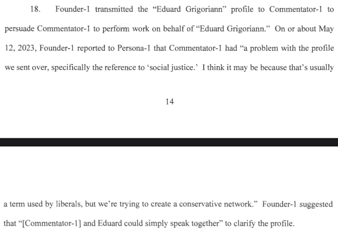 From the Tenet Media related indictment: the influencers were discussing whether the Russian fake CV was too “social justice” to take money from them.

Priorities.