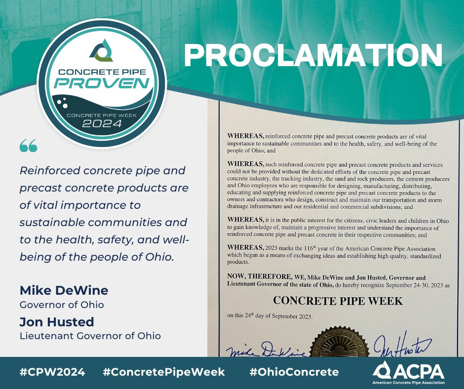 Ohio <a href="/GovMikeDeWine/">Governor Mike DeWine</a> and @LtGovHusted recognize the importance of paying tribute to those in the concrete pipe and precast industry, as well as recognizing the contributions they have made to our health, safety, and well-being. #ConcretePipeWeek2024