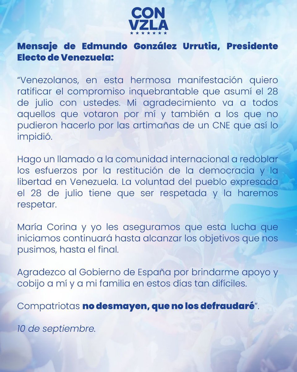 JuanPGuanipa's tweet photo. Mensaje de nuestro presidente electo Edmundo González Urrutia: https://t.co/tXEZrcNBk1
