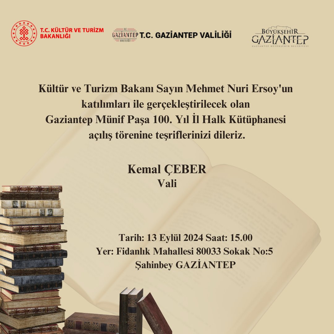 munif_il's tweet photo. Gaziantep Münif Paşa 100. Yıl İl Halk Kütüphanesi açılıyor. 📘📙📗
 @TCKulturTurizm @KTBKYGM
@TanerBeyoglu @etkinkutuphane @tkdgenelmerkez @cetinsisman44 https://t.co/1EjHjPJykI