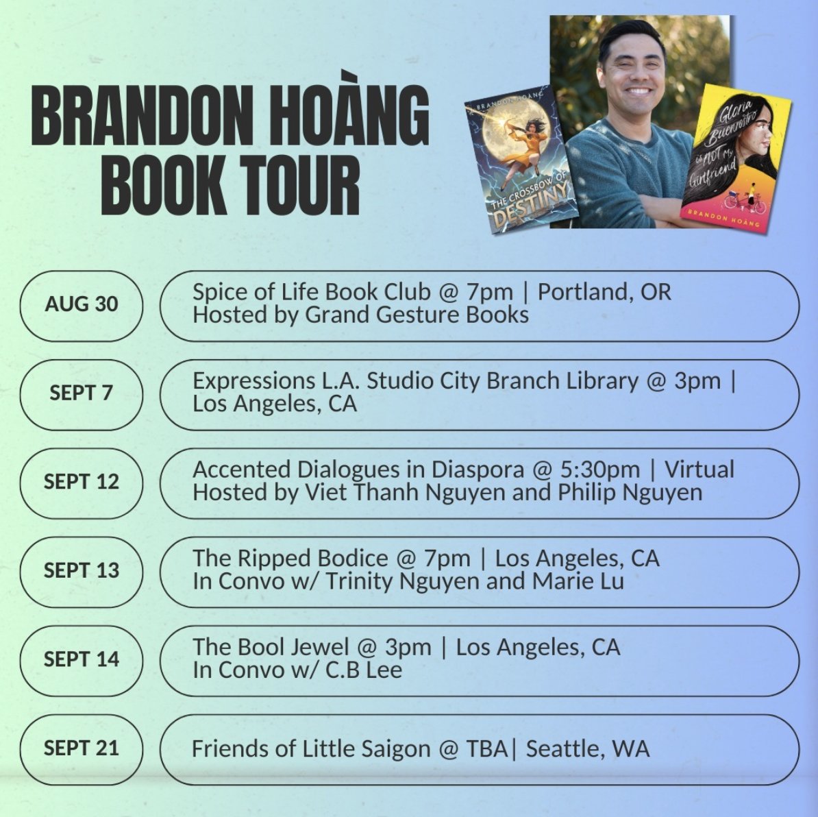 Celebrate the release of CROSSBOW OF DESTINY by @brandonhoangwrites with these upcoming events! I'll be in conversation with Brandon at @thebookjewel this Saturday at 3pm. Looking forward to seeing you all there!