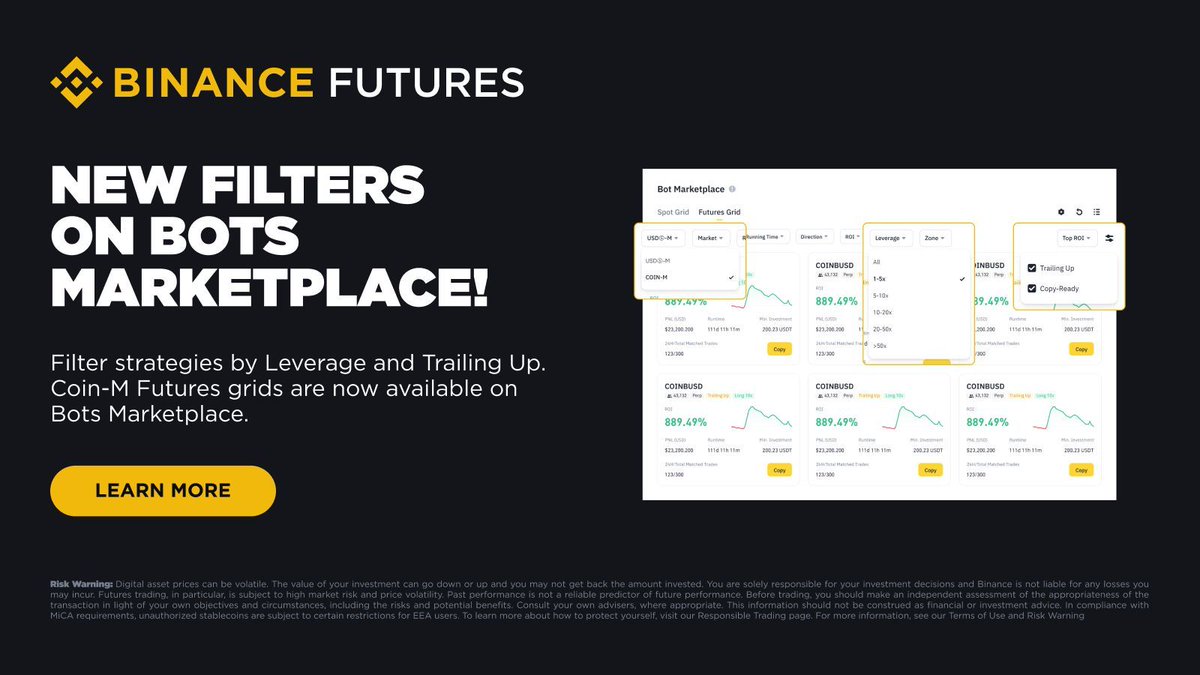 binance's tweet photo. New Filters on Bots Marketplace.

Now you can: 
🔸 Find low-leverage strategies 
🔸 Select strategies with Trailing enabled 
🔸 Easily find Coin-M Futures Grid Bots 

Try it now 👉 https://t.co/YGtq51yXtK https://t.co/l02jLQs5gc