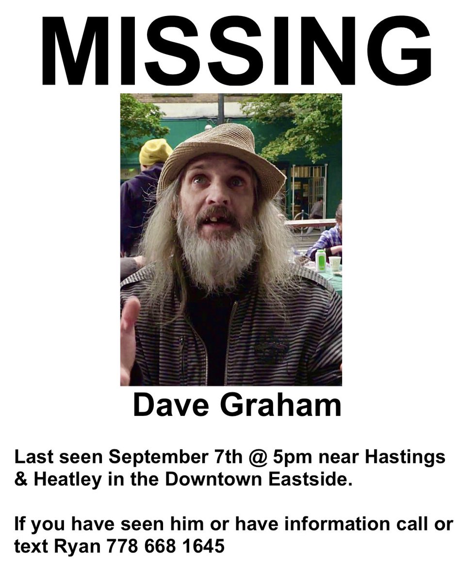 garthmullins's tweet photo. 🚨MISSING: Dave Graham 46yo. Missing front tooth. Long grey hair &amp; beard. Last seen September 7th @ 5pm near Hastings &amp; Heatley in the Downtown Eastside.
If you have seen him or have information call or text 778 668 1645. https://t.co/brTVa0Bjwq