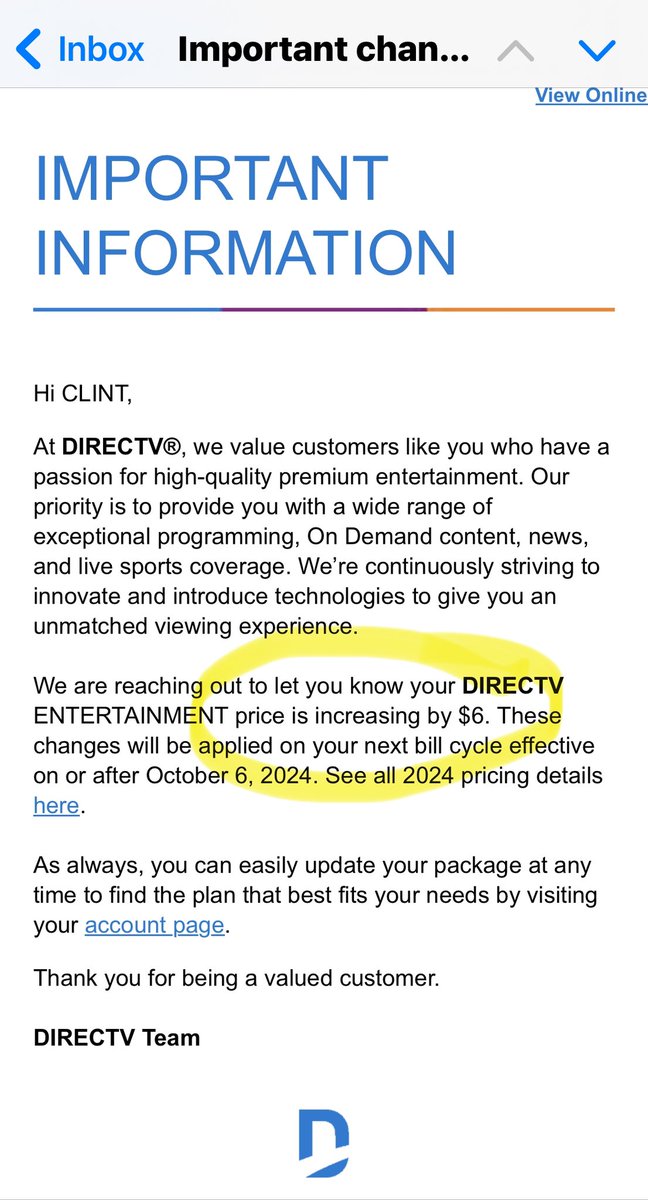 clintonjconner's tweet photo. @DIRECTVhelp @DIRECTV @fuboTV @Sling So you just raised our costs?? https://t.co/vynrpIXc1S