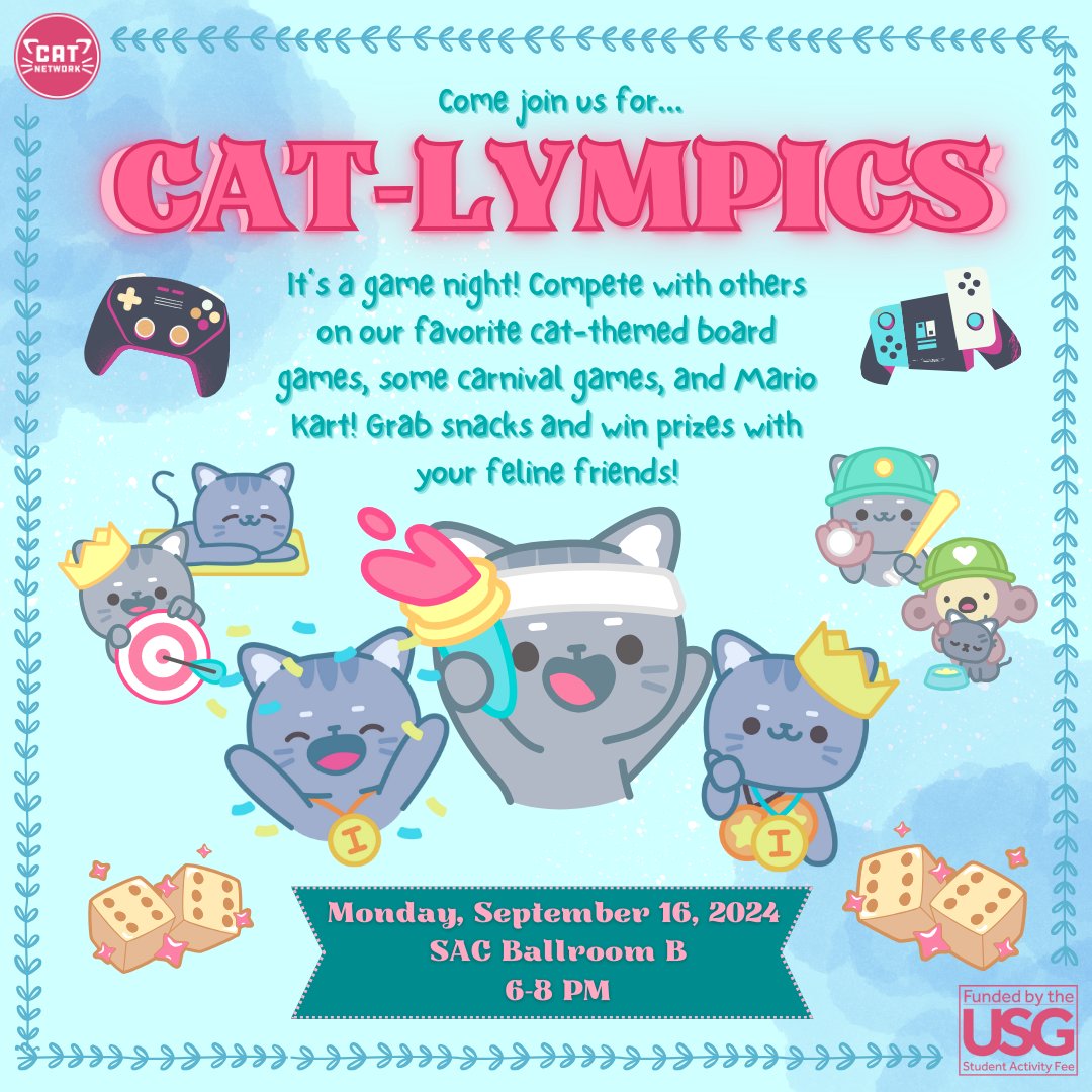 SBUCATNETWORK's tweet image. Bear your torch for the Cat-lympics🕯️! Compete with one another in some cat-themed board games 🎲, some of Cat Network's classics (some carnival games, who knows 👀), along with a game of Mario Kart 🏎️ as well! Make some friends (or enemies, feline frenemies 😈 if you will)!