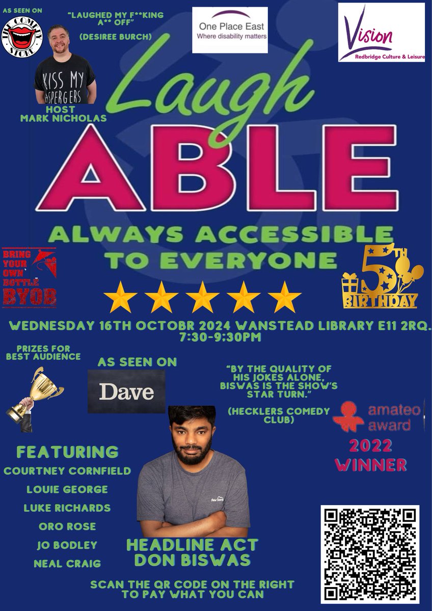 Our 5th Birhday is on 16/10!

We are celebrating by putting on another fantastic #disability and #mentalhealth themed Comedy Night <a href="/RedbridgeLibs/">Redbridge Libraries</a> 

With amazing headliner <a href="/DonBiswascomedy/">Don Biswas</a> (As Seen on <a href="/BBCRadio4/">BBC Radio 4</a> <a href="/davechannel/">U&Dave</a> <a href="/bbcasiannetwork/">BBC Asian Network</a> )

Tix below!
 ticketsource.co.uk/laugh-able/lau…