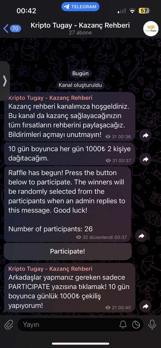 Günlük 1000₺ çekiliş yapıyorum! 

Yeni kanal açılışına özel , linke tıklayıp gel! Çekilişe katıl! Kazanana anında ödeme! 

t.me/tugaykripto

#btc #eth #airdrop #trx #sol