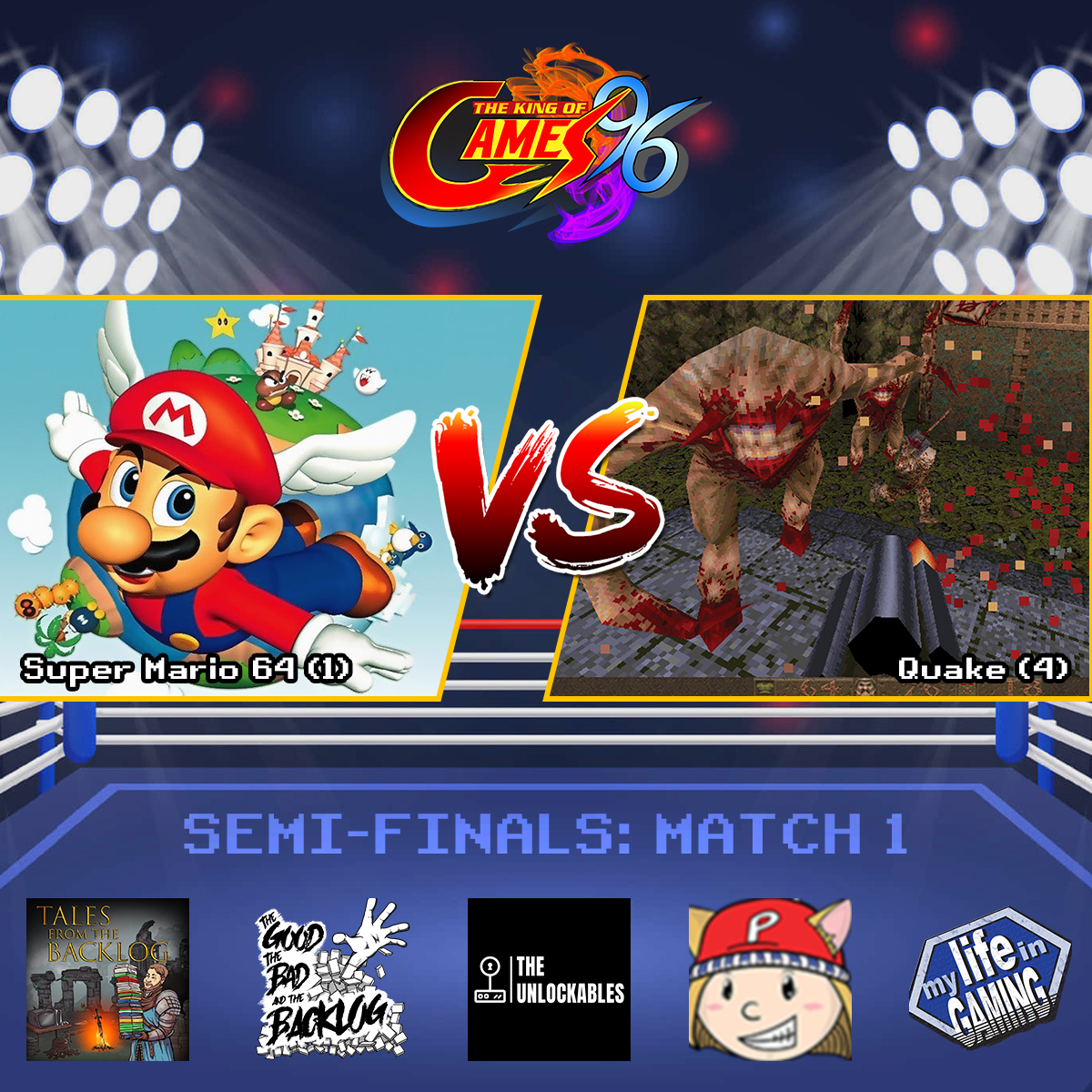 RetroHangover's tweet photo. NEW KOG 96! We're in the semis!

Mario 64 v Quake!

We're stacking panels with FIVE  hosts. Can Mario's entrance into the third dimension prevail over Doom's successor?

With @UnlockablesPod, @BadBacklog, @TFTBLpod, @PowerBeanie and @Tryumph4ks!

⏬!Link!⏬ https://t.co/1BiT3LUKvH