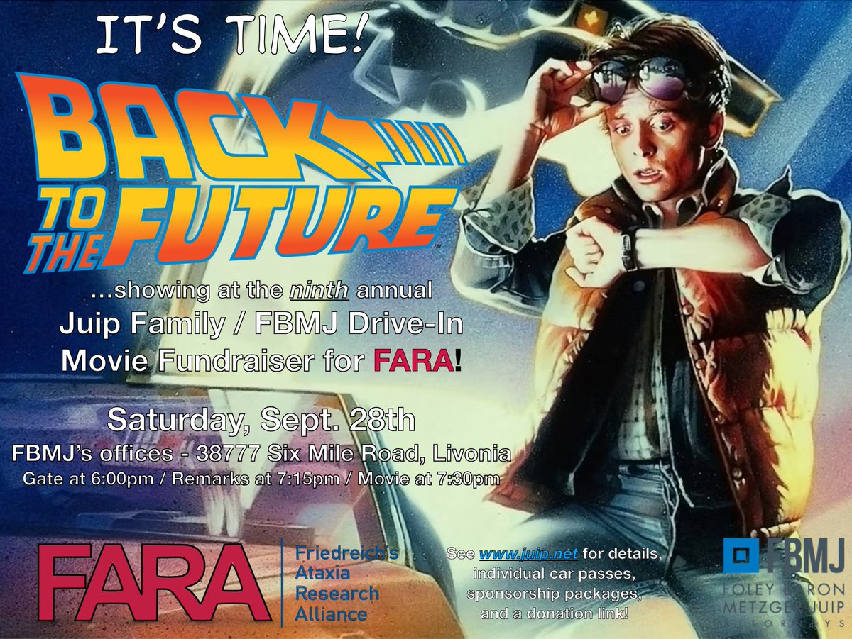 rajuip's tweet photo. It's time! The Juip Family &amp; @FBMJLaw's Drive-In Movie Fundraiser for FARA @CureFA_org  is coming on Sat. 09/28 in Livonia showing BACK TO THE FUTURE on a 40' LED drive-in movie screen to help FARA #SlowStopReverse and #CureFA! See https://t.co/WoY3Skx65L for all details! https://t.co/ssHBDUMXZR