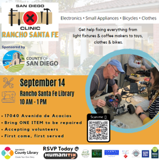 Don't toss it, fix it! Join the San Diego Fixit Clinic at the San Diego County Rancho Santa Fe Library on Saturday, September 14, 2024, from 10 a.m.-1p.m. 

Free to the public, register today: events.humanitix.com/sdfixitclinic_…     <a href="/zerowastesd/">Zero Waste San Diego</a> <a href="/RecycleSDCo/">SDCo Recycling</a> <a href="/SanDiegoCounty/">SanDiegoCounty</a> <a href="/FixitClinic/">Fixit Clinic</a>